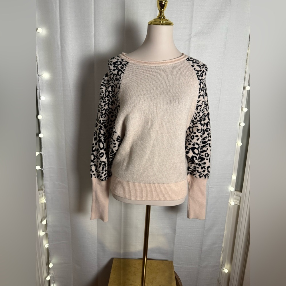 BaeVely Cream and Black Crew Neck Sweater with Leopard Print Sleeves